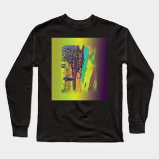 Abstract Acrylic Painting Curly Haired Girl Gradient Background Long Sleeve T-Shirt